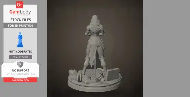 A 3D model of a stylized armored character standing on a detailed base with debris.