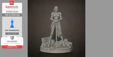 A detailed 3D model of an armored warrior holding a sword, standing on a base with technological debris.