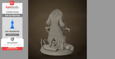 A detailed 3D model of a mysterious, cloaked figure with frayed edges, standing on a textured base.