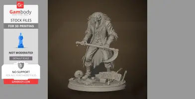Creepy humanoid figure with a crow's head and scythe, standing on a detailed base with the inscription 'Crow Co'.