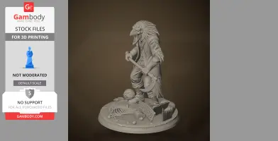 A creepy bird-like creature with an axe, standing over a detailed base with skeletal remains and debris.