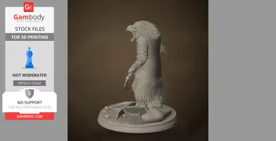 A detailed crow-headed figure with a cloak holding a sickle, standing on a textured base with feathers and bones.
