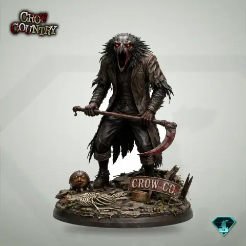 Ferocious creature with crow features, wielding a large scythe above a spooky base labeled 'Crow Country.'