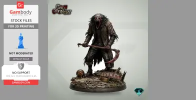 Menacing creature with a crow-like head, wielding a scythe, stands on a detailed base with eerie markings.