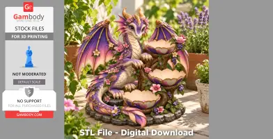 A pink and lilac dragon figurine with floral details, holding bowls in a garden setting.