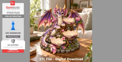Pink and lilac dragon with floral accents holding bowl-shaped containers, perched on a decorative base.