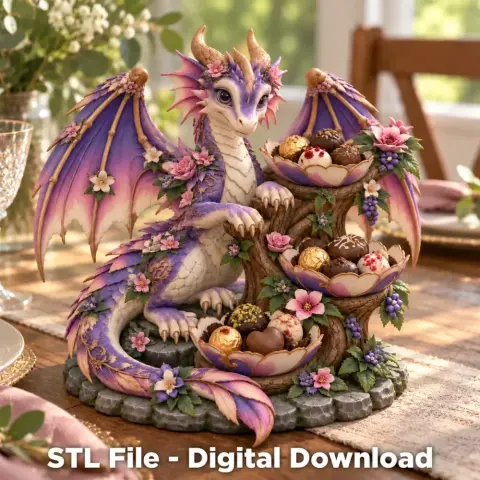 Purple and pink dragon organizer holding chocolates in floral dish, set as a 3D printable model.