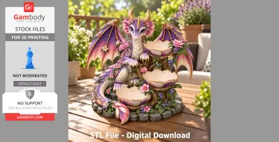 A pink and lilac dragon with floral accents holds decorative bowls, designed as a 3D printed organizer.