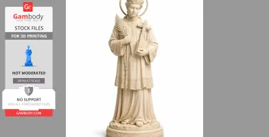 A 3D printable statue of Saint Augustine Nguyen Van Moi, holding a cross, palm leaf, and rosary.