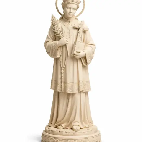 A statue of Saint holding a cross and a palm leaf, with a halo and wearing detailed robes.