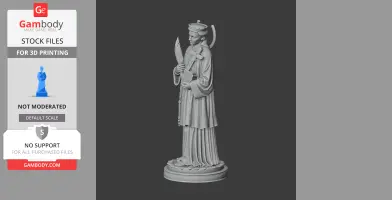 3D printed statue of a robed saint holding a palm branch and cross, standing on a decorative base.