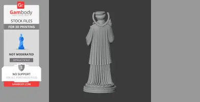 A detailed 3D model of a cloaked figure with a rounded hat, standing on a decorative base.