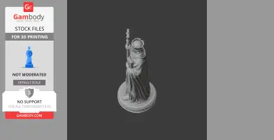 A 3D model of a robed figure holding a staff, wearing a halo, and standing on a decorative base.