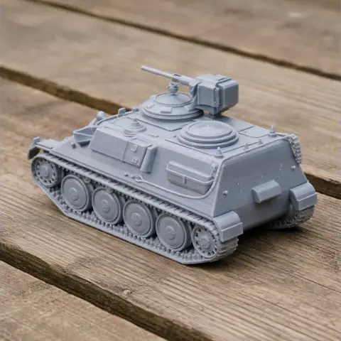 Gray 3D-printed model of a Pansarbandvagn 301 tank, detailed with tracks and turret, on a wooden surface.