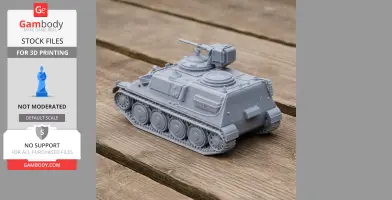 3D-printed model of a Pansarbandvagn 301 tank on a wooden surface.