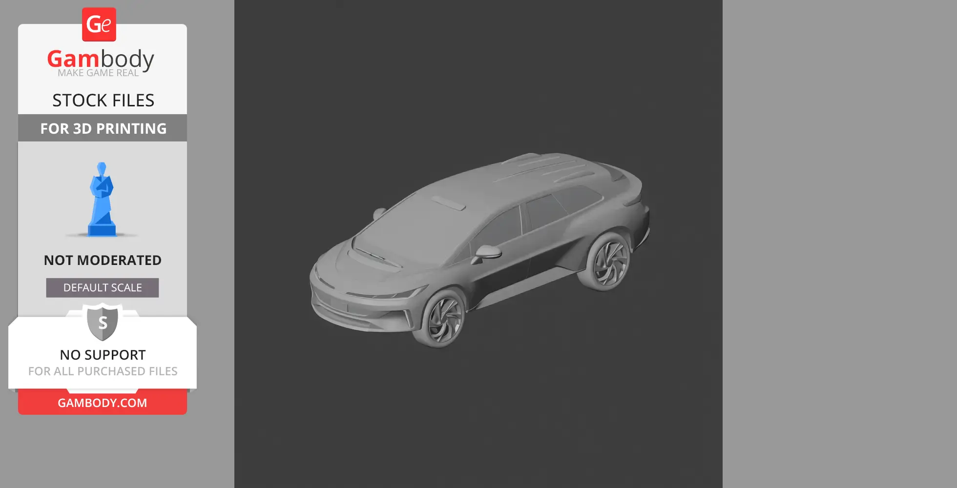 A 3D model of a sleek Faraday Future car designed for 3D printing, displayed on a dark background.