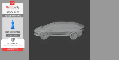 A 3D model of a sleek, futuristic car designed for 3D printing, displayed on a dark background.