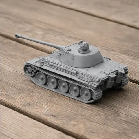 A detailed gray 3D-printed model of a Panther Ausf A tank on a wooden surface.