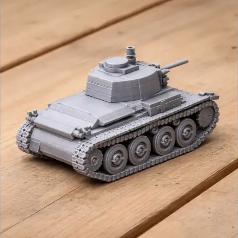 3D-printed model of a WWII-era Panzer 38(t) tank on a wooden surface.