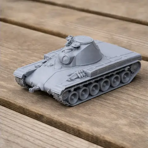 Gray 3D-printed model of a Panzer 58 tank with turret, tracks, and detailed surface on a wood surface.