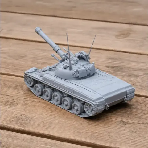 Detailed gray 3D-printed Panzer 61 tank model on a wooden surface.