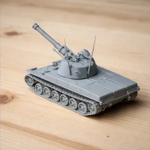 Gray Panzer 61 tank scale model with turret and tracks on a wooden surface.