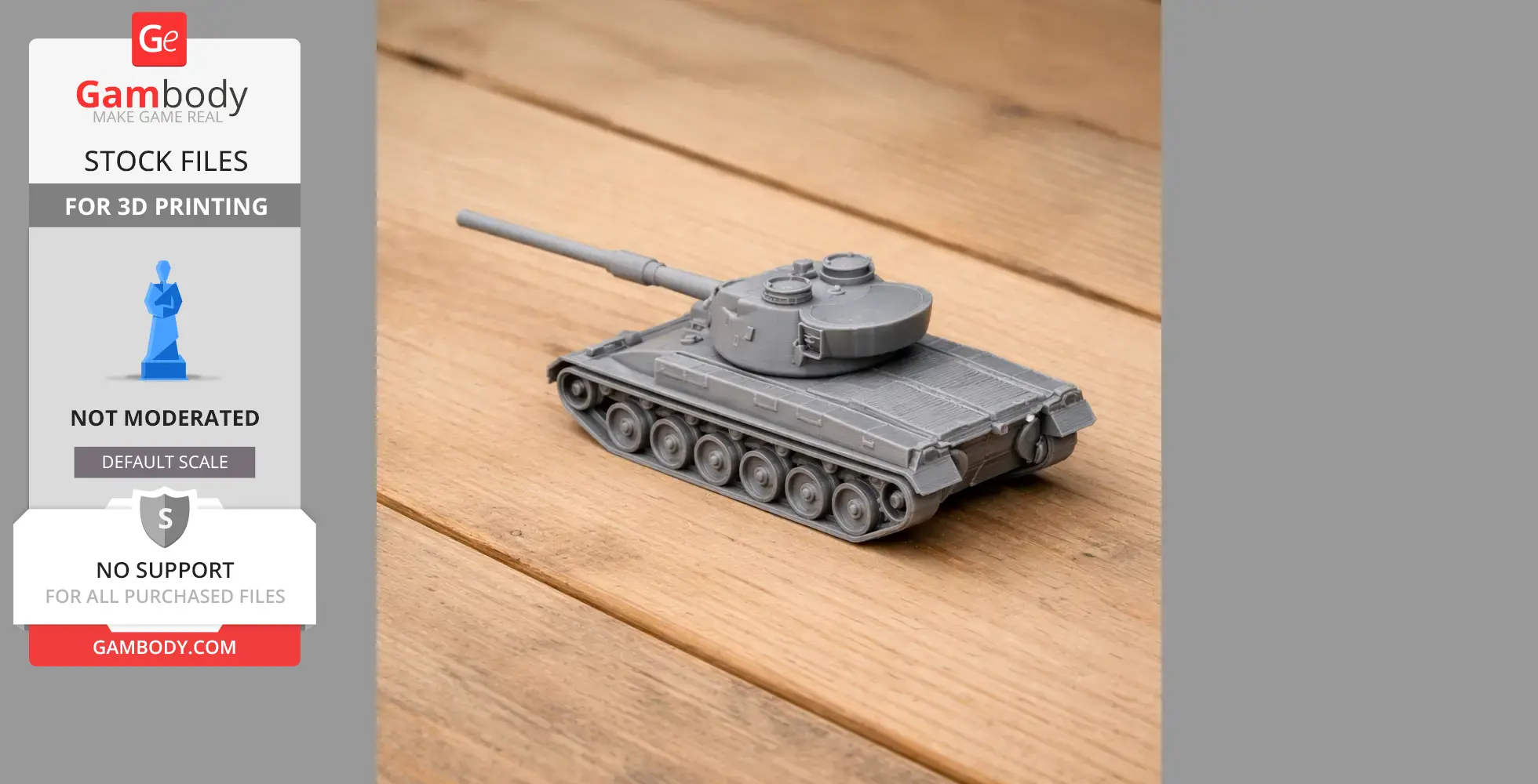 A detailed 3D-printed model of a Panzer 68 tank on a wooden surface.