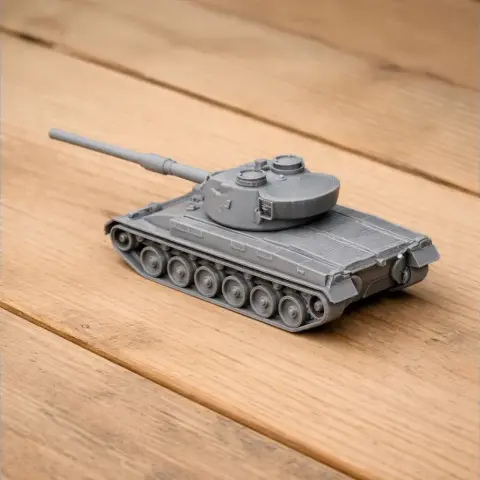 Gray Panzer 68 tank 3D model on a wooden surface, featuring detailed tracks and turret.