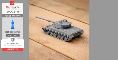 A detailed 3D-printed model of a Panzer 68 tank on a wooden surface.