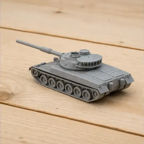 Gray Panzer 68 tank model for 3D printing on a wooden surface.