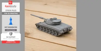 Gray 3D-printed model of a Panzer 68 tank on a wooden surface.