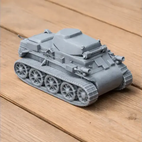 3D printed model of a Panzer I Ausf. C tank on a wooden surface.