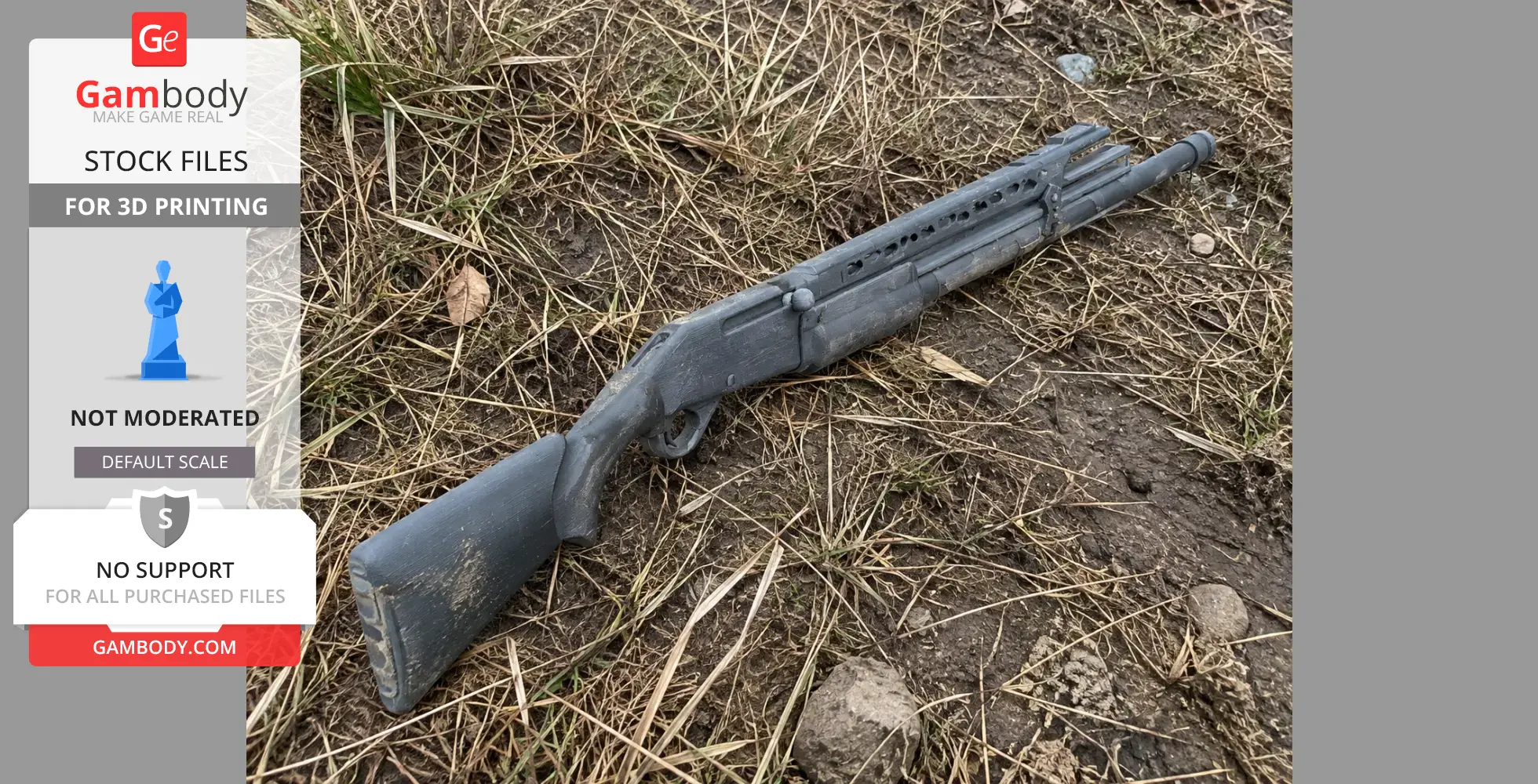 A 3D-printed Benelli M2 cosplay prop lies on grass and soil.