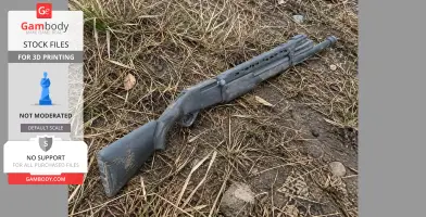 A 3D-printed Benelli M2 cosplay prop lies on grass and soil.