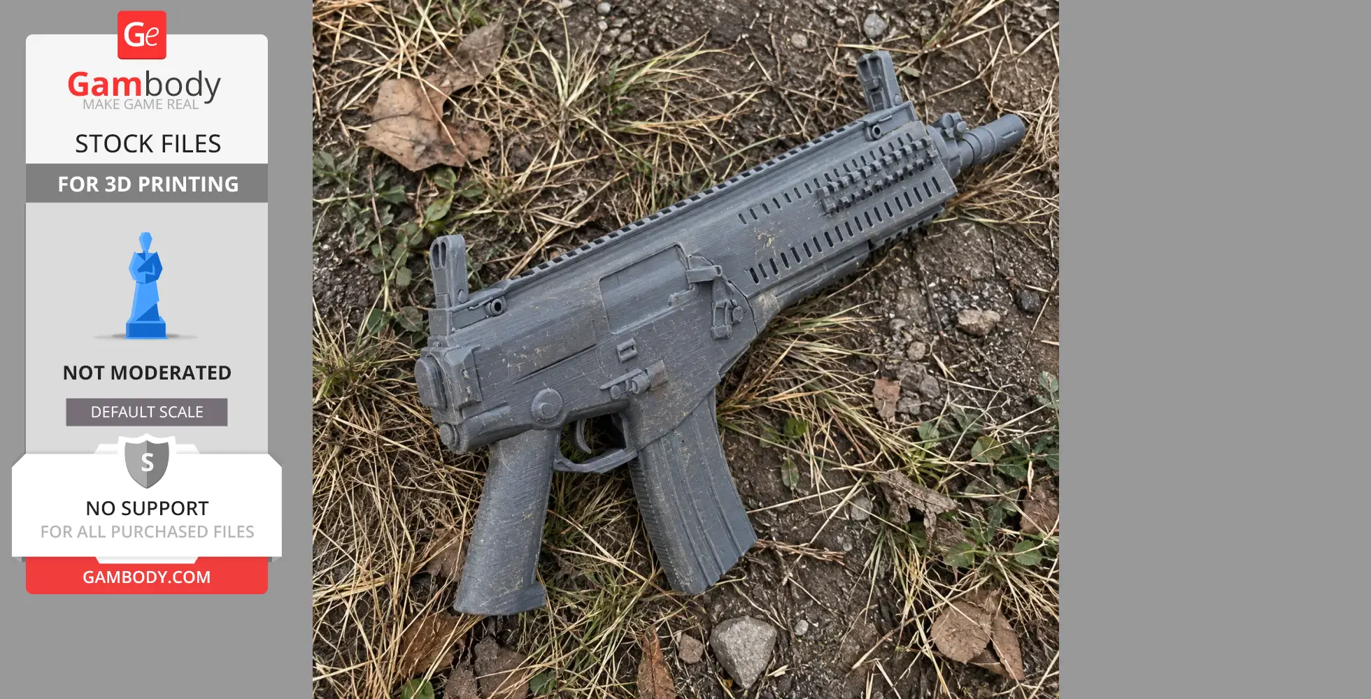A realistic 3D-printed Beretta ARX160 prop lying on grass and dirt.
