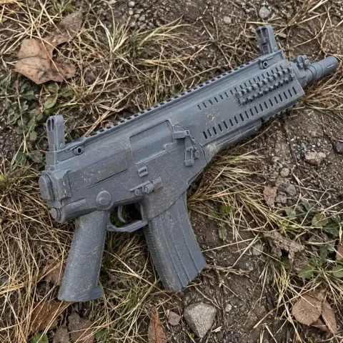 A detailed 3D-printed Beretta ARX160 prop, resting on grass and dirt.