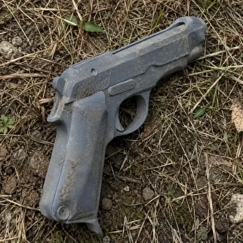 A 3D-printed model of a Beretta M1935, resembling a weathered, gray handgun prop on the ground.