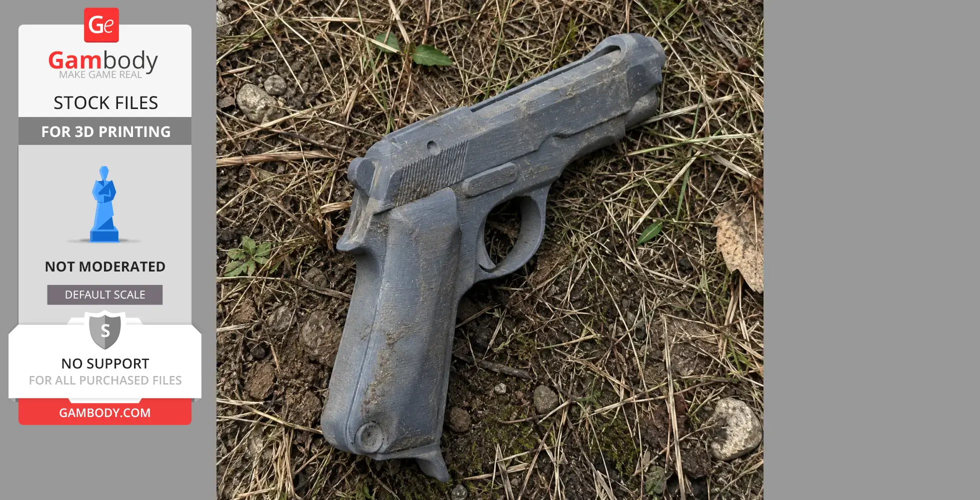 A 3D-printed Beretta M1935 replica prop, lying on grass and dirt, showcasing details and texture.