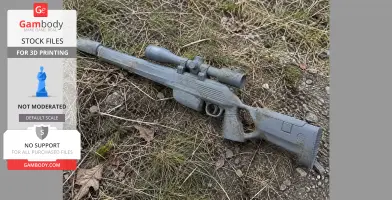 A 3D-printed Blaser R93 Tactical prop rifle on grass.