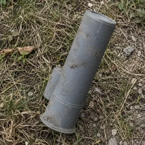 A weathered, cylindrical cosplay prop resembling a breaching round, lying on grass and dirt.