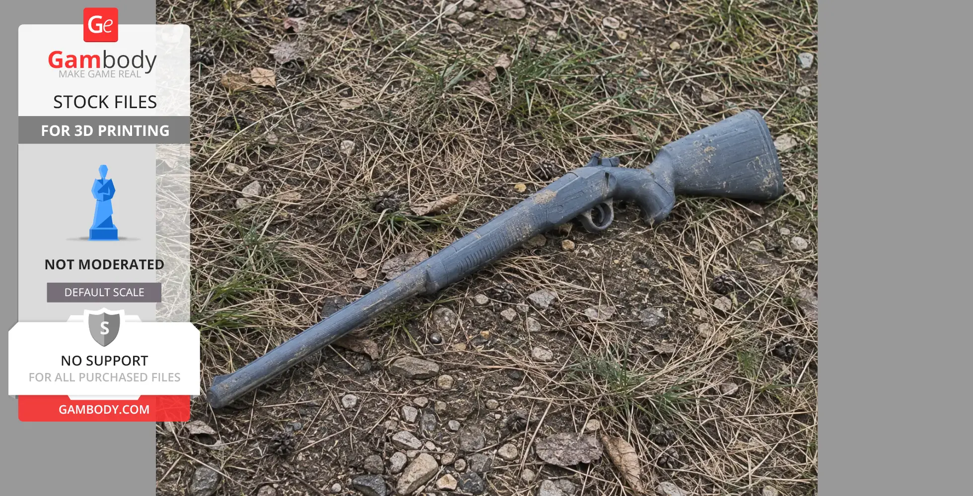 A 3D-printed break-action rifle prop lies on grassy ground.
