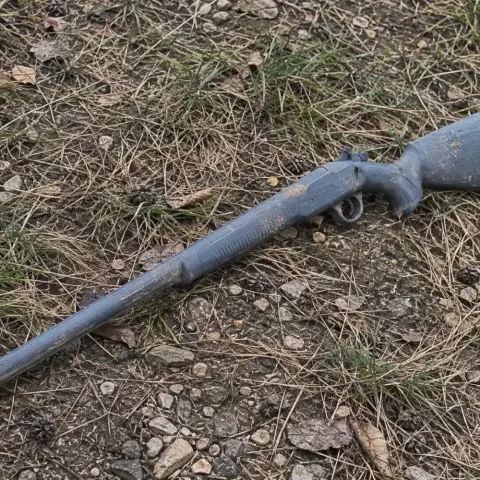 A prop of a break-action rifle lies on rocky, grassy terrain.