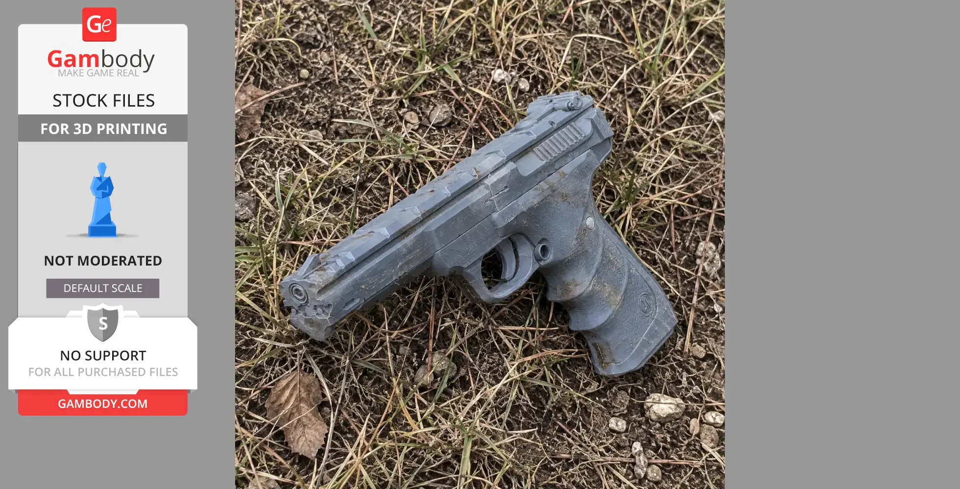 A 3D-printed Browning Buck Mark pistol prop lying on grass.