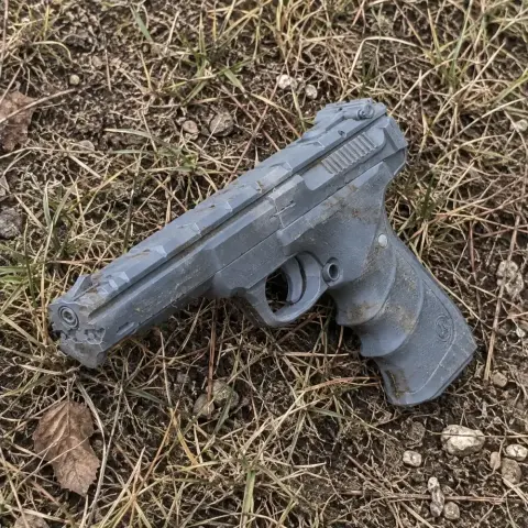 A realistic 3D-printed gray handgun prop lies on dry grass.