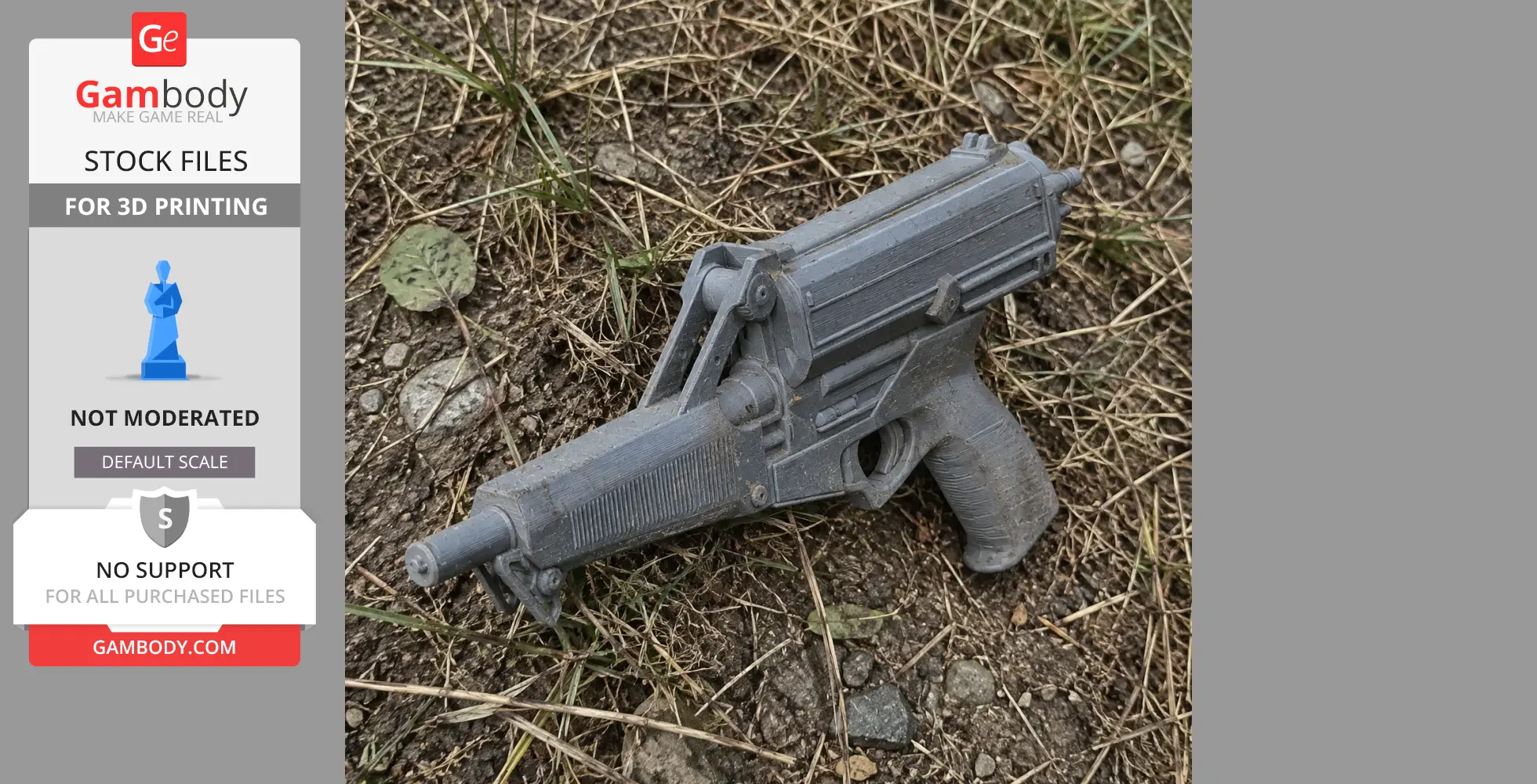 A gray 3D-printed Calico M950 cosplay prop gun resting on dirt and grass.