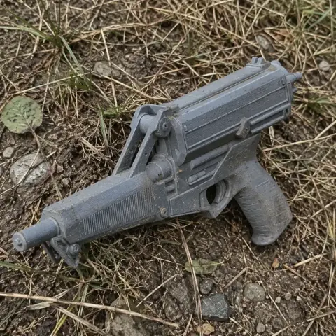 A detailed 3D-printed gray Calico M950 prop gun on dry grass.
