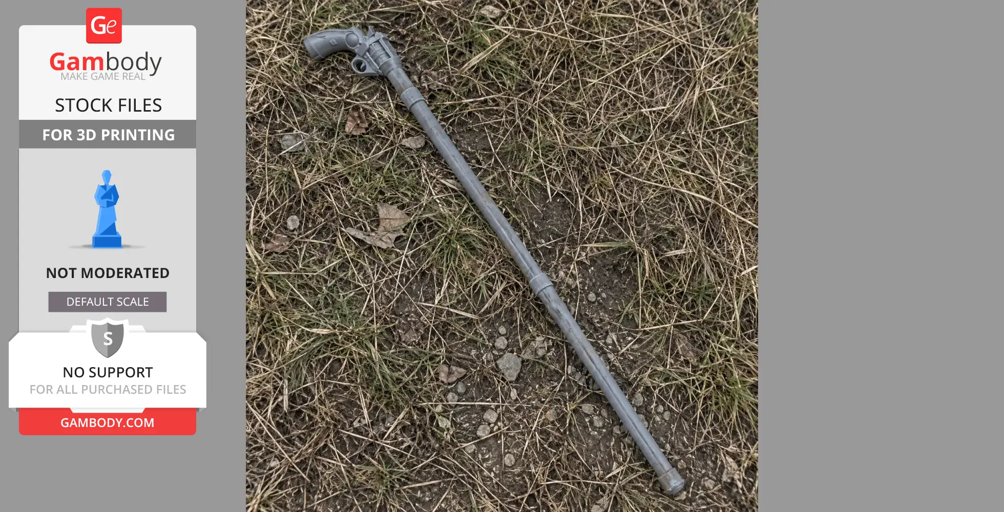 A 3D-printed gray cane gun prop lying on grass and dirt.