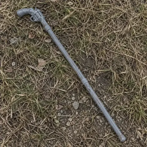 A gray cane with a gun-shaped handle, resting on grassy ground.