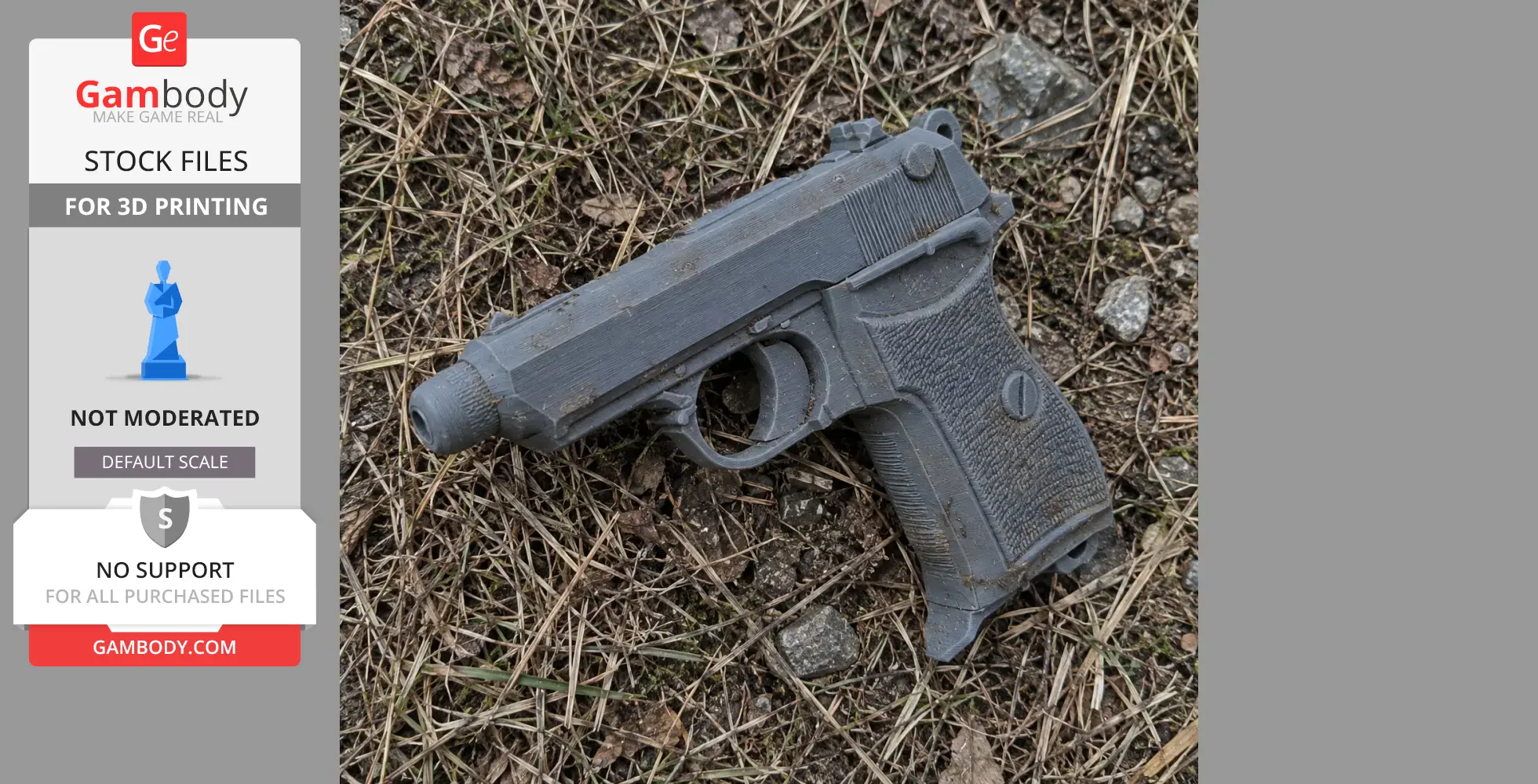 A 3D-printed gray model of a vintage pistol prop, placed on dry grass and rocks.