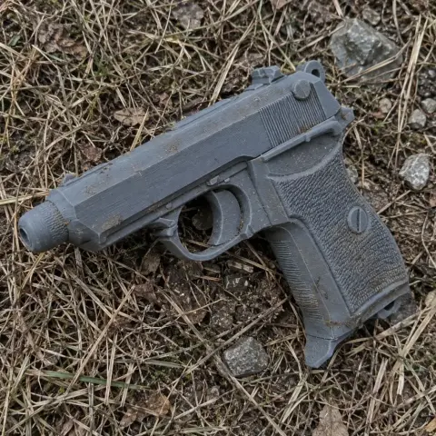 A 3D-printed gray prop gun with textured grip, lying on dry grass.